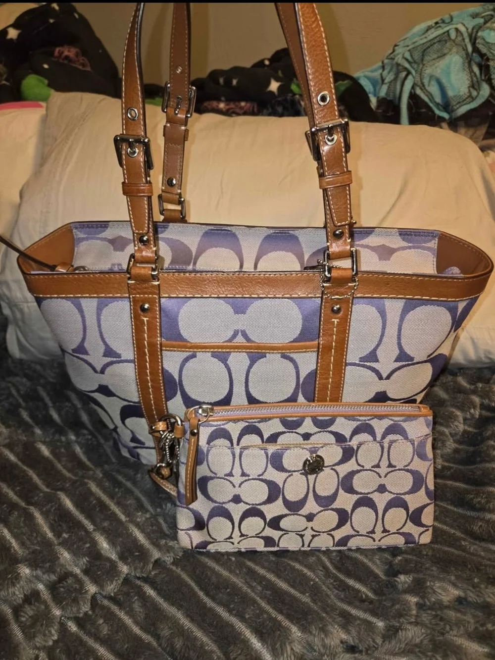 Coach Lavendar Signature Canvas Tote with Brown Leather Trim and Wristlet
